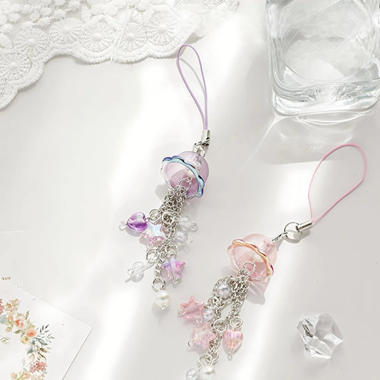 Purple Pink Jellyfish Key Chain Wind Chimes Star Heart Beaded Keyring for Phone Camera Earphone Case Charm Pendant Keycord