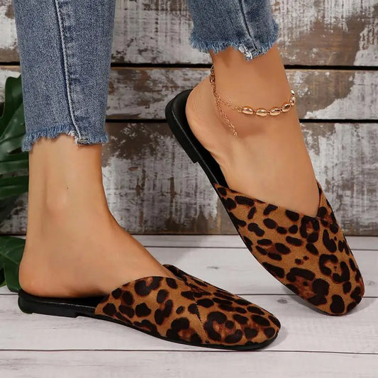 Sexy Suede Leopard Square Toe Slip On Mules Slippers Women Flat Heels Sandals Women 2025 Summer Fashion Outdoor Slippers Size 43