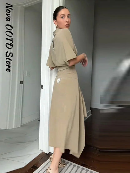 Elegant Irregular Hem Skirt Set Women Short Sleeve Half High Collar Top Loose Long Skirt 2026 Summer Lady New Casual Chic Outfit
