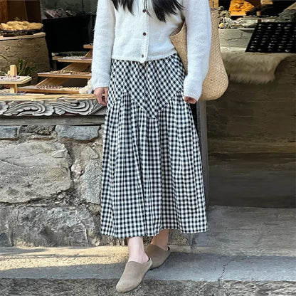 Women's Gingham Panel Long Skirt