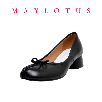 Split Toe 3cm Heel Tabi Shoes Slip On Leather Comfy Shoes Soft Bottom Solid Ladies Moccasins with Bowknot