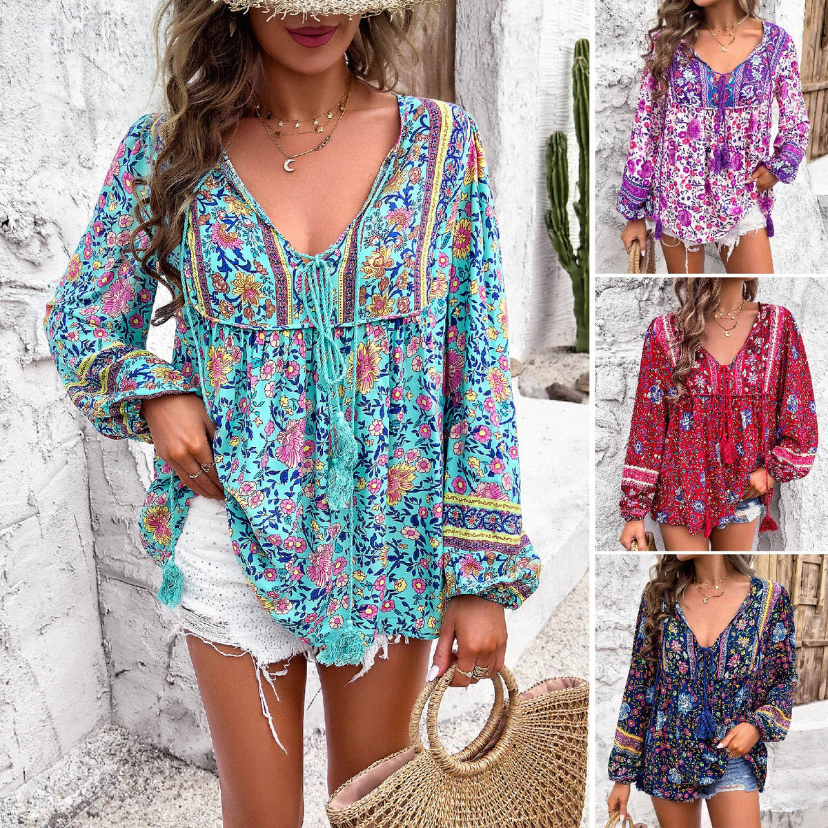 Boho Cotton Rayon Floral Printed Blouses Shirts For Women Vintage Long Sleeve V Neck Spring Summer Blouse Beach Holiday Tops