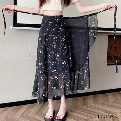 2025 Chic Korea Clothes Summer Women Cute Sweet GIrl Floral Robe Holiday Date High Waist Retro Vintage One-Piece Lace-Up Skirts