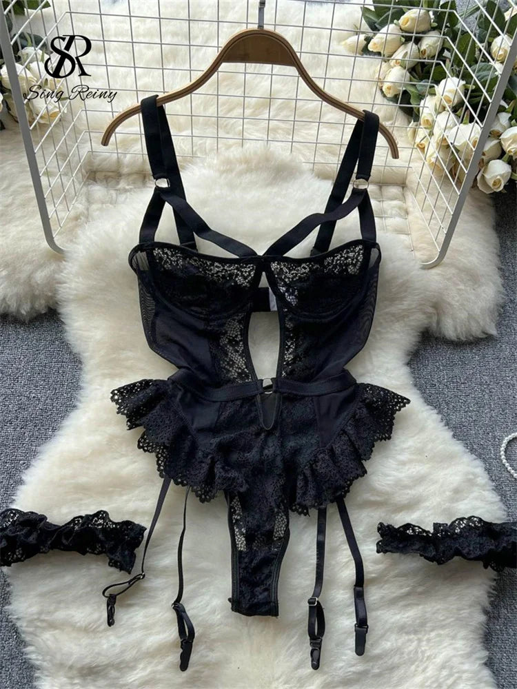 SINGREINY Women Erotic Sexy Lace Rompers Sleeveless Backless Slim Short Playsuit Transparent Underwear Hollow Out Mesh Bodysuits