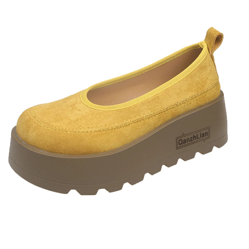 Aphixta 2025 New Suede Platform Shallow Woman Shoes Yellow Loafers Spring Woman Fashion Shoes Concise Chunky Heel Shoes Woman