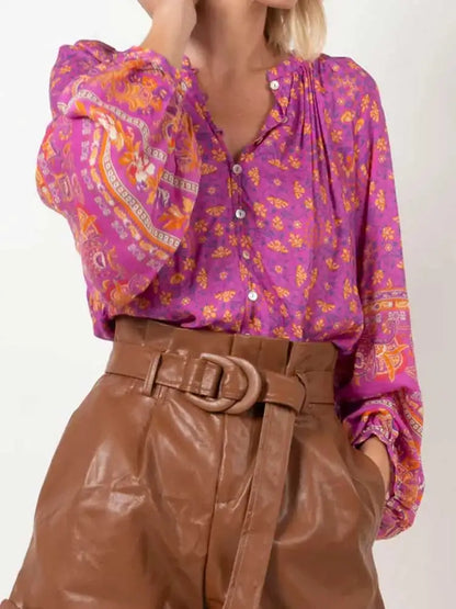 Boho Inspired purple floral print long sleeve blouse women button-up bohemian women tops gypsy hippie blouse shirt tunic blouse
