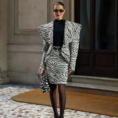 Vintage Women's Zebra Printed Short Jacket Skirt Set O-neck Long Sleeve Buckle Coats Mini A-line Skirts 2026 Autumn Lady Suit