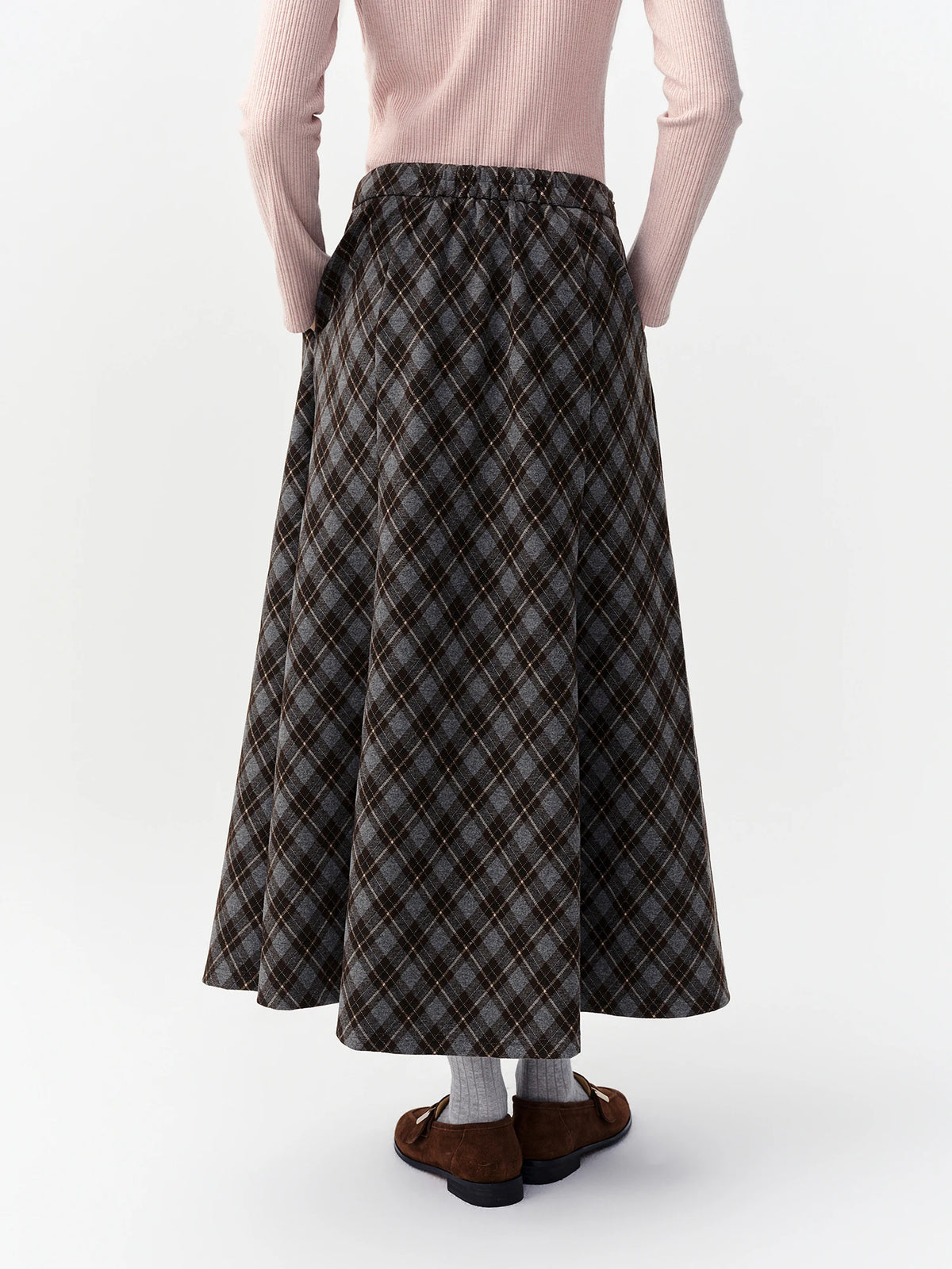 DUSHU Vintage Plaid Mermaid Skirt Women High Waist A-line Flared Midi Skirt Office Casual Long Skirt Preppy Style Age-reducing
