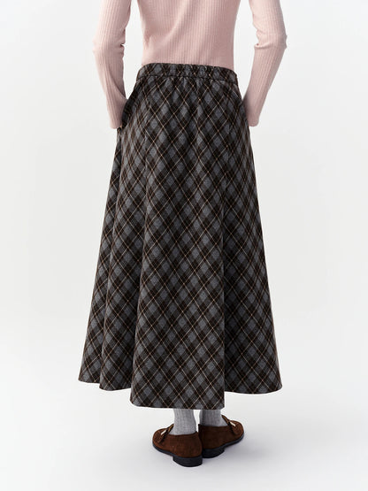 DUSHU Vintage Plaid Mermaid Skirt Women High Waist A-line Flared Midi Skirt Office Casual Long Skirt Preppy Style Age-reducing