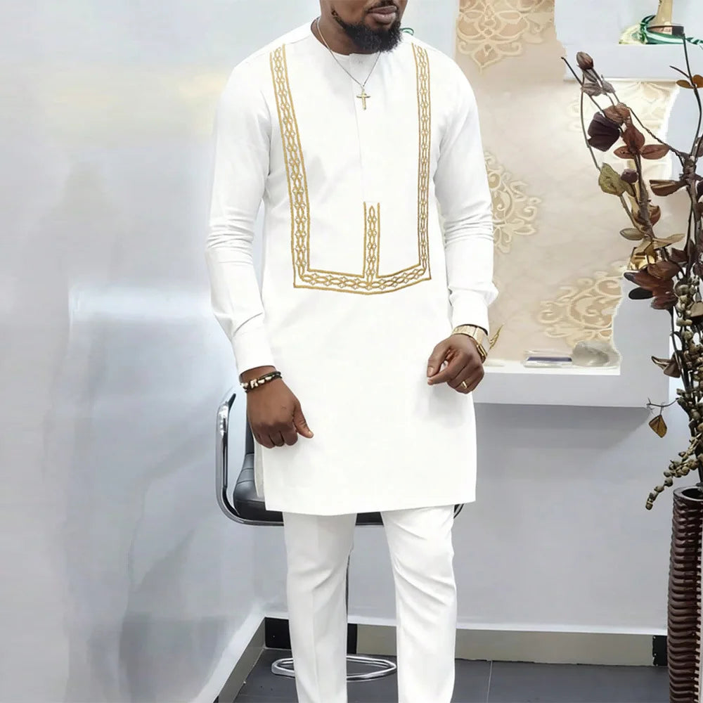 2025 African Men Dashiki Long Sleeve 2 Piece Set Traditional Outfit Africa Clothing White Men's Suit Male Shirt Pants Suits