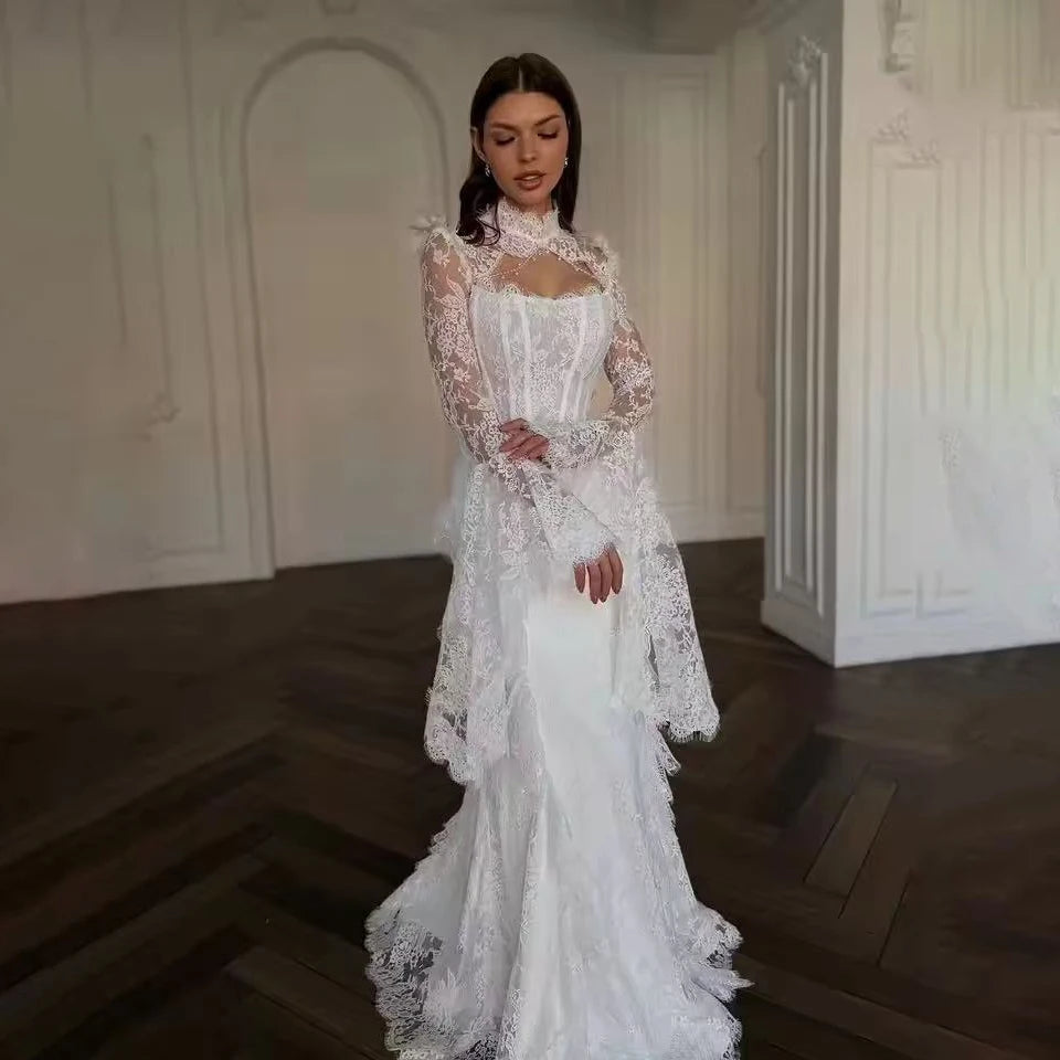 Custom Made Ivory Elegant Lace Mermaid Wedding Dress High Neck Ruched Long Sleeves Corset Backless Bridal Gown with Train