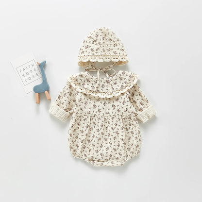 Autumn Newborn Infant Baby Girls Romper +hat  Muslin Lapel Floral Rompers Kids Onepiece Fashion Baby Clothing