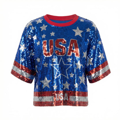 Summer Contrast Color Patchwork Geometry Letter Streetwear Short T-Shirt Sequins Hip Hop Night Club Women's Tops