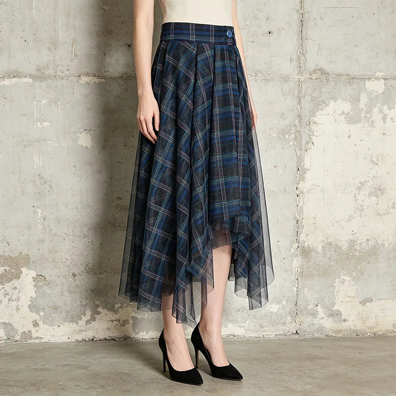 Women's High Waist Plaid Tulle Spliced Skirt Irregular Hem Design Sense Elegant Female Mid‑Length Skirts Office Party Faldas