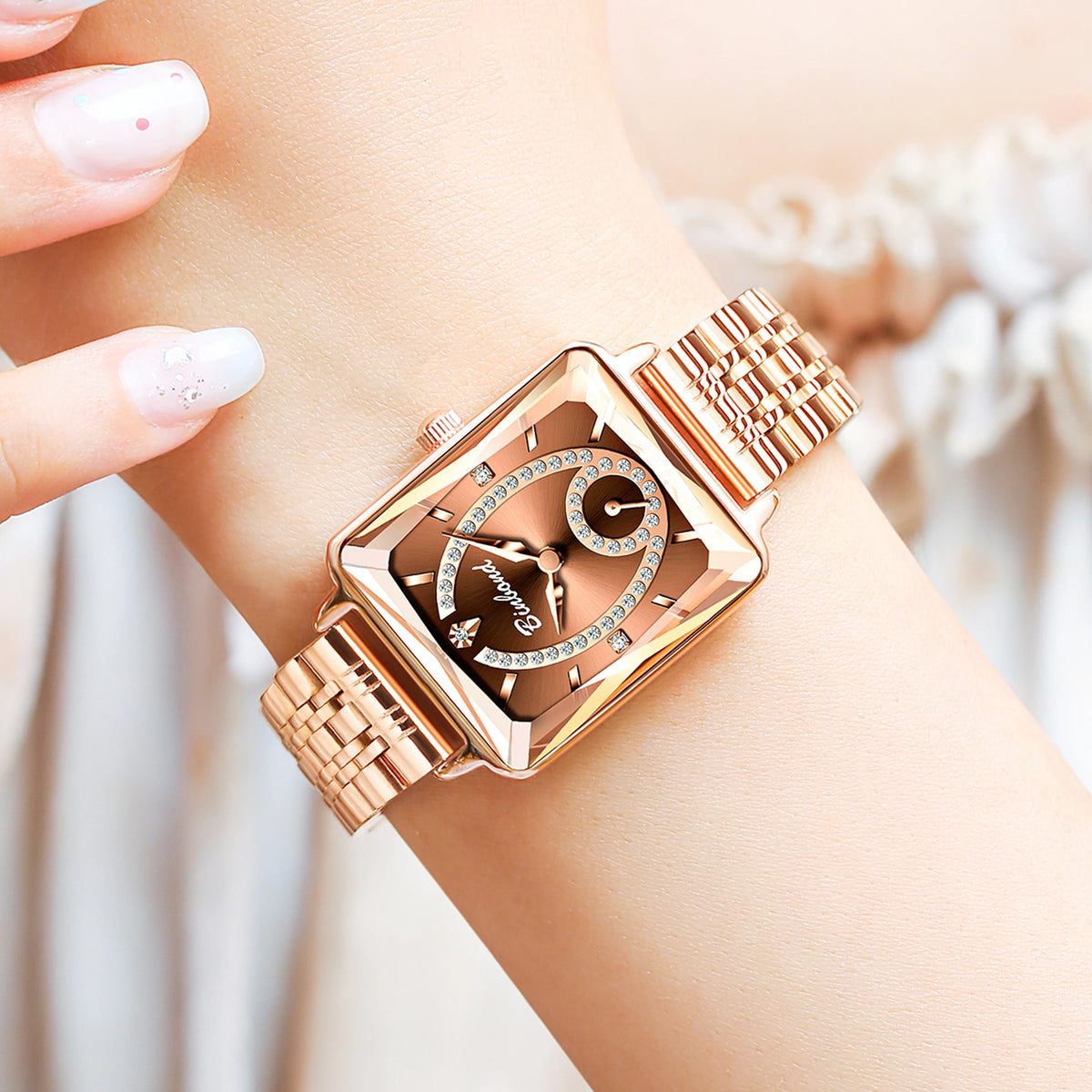BINBOND Luxury Rectangle Fashion Quartz Watches for Women Precise Luminous Waterproof Zircon Ladies Watch Durable Casual Reloj