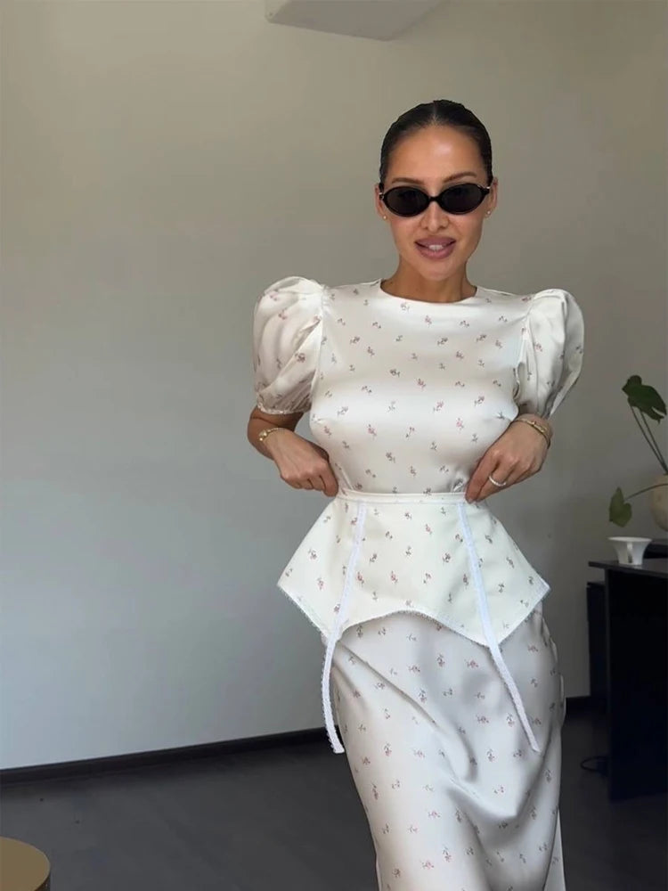 Elegant Printed Satin Skirt Set Women Fashion Round Collar Short Sleeve High Waist Top Skirts Suit Chic 2026 Lady Street Outfit