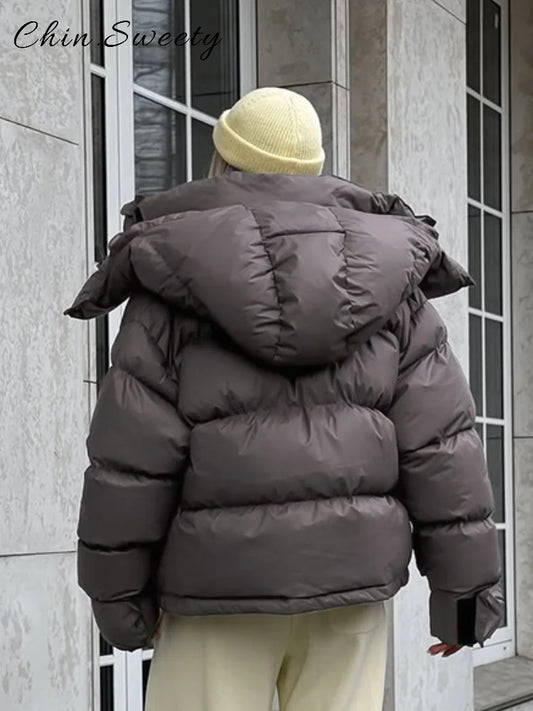 Fashion Women's Hooded Cotton Padded Coat Loose Long Sleeve Pockets Zipper Puffy Coats 2026 Winter Lady Casual Warm Jackets