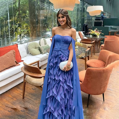 Luxury Red Strapless Formal Evening Dresses Chiffon Ruffled Skirt With Flowing Cape Sleeves Floor Length Wedding Guest Prom Gown