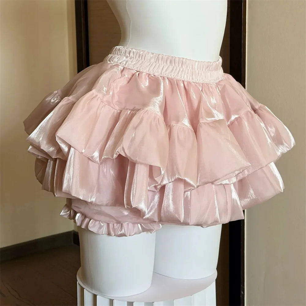 Sweet Satin Casual Elastic Waist New Short Skirt Women Summer Chic White Ruffle Cake Skirts Female Fashion Pretty Princess Skirt