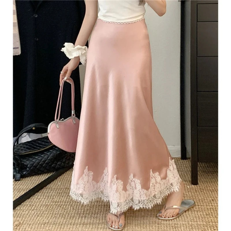 Elegant Long Skirts for Women Summer High Waist Lace Satin Skirt Women's A-line Korean Fashion Solid Color Loose Women's Skirt