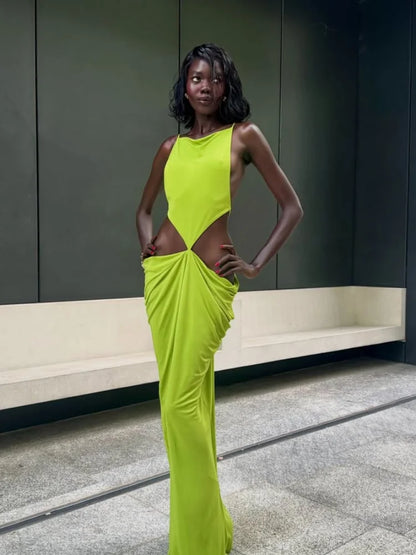 Women Sexy Soilid Hollow-out Maxi Dress Fashion Sleeveless Backless Pleated Slim Female Dresses Summer 2026 Party Evening Robe