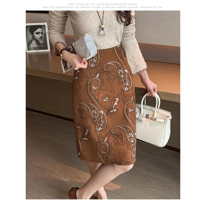 Women Retro Paisley Embroidered Suede Skirt High Waist Split Midi Pencil Skirt Casual Commute Dress