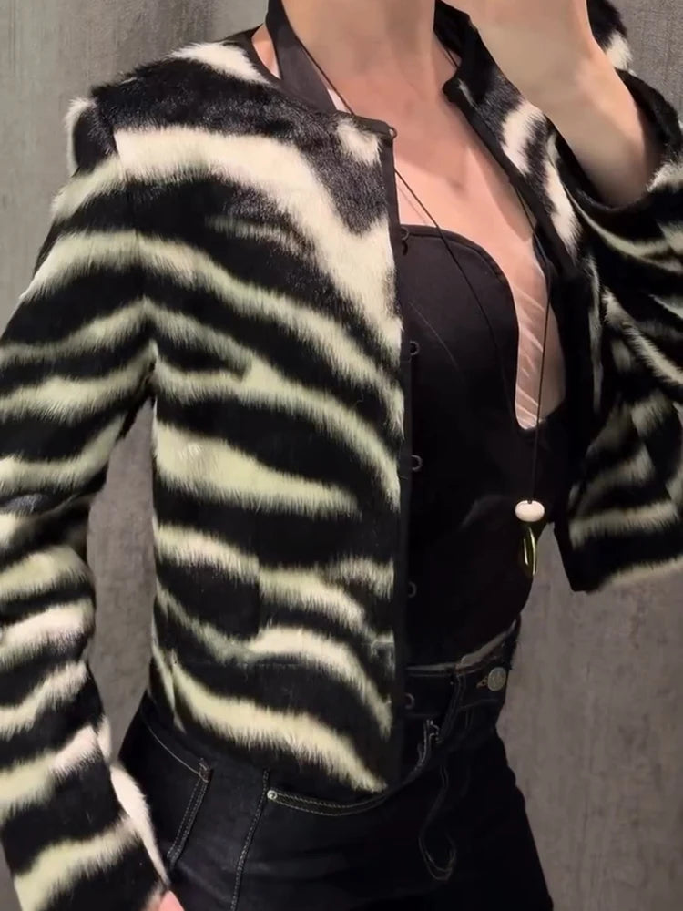 Vintage Women's Zebra Printed Short Jacket Skirt Set O-neck Long Sleeve Buckle Coats Mini A-line Skirts 2026 Autumn Lady Suit