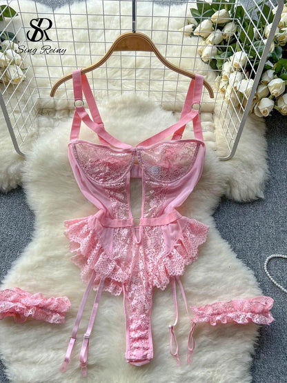 SINGREINY Women Erotic Sexy Lace Rompers Sleeveless Backless Slim Short Playsuit Transparent Underwear Hollow Out Mesh Bodysuits