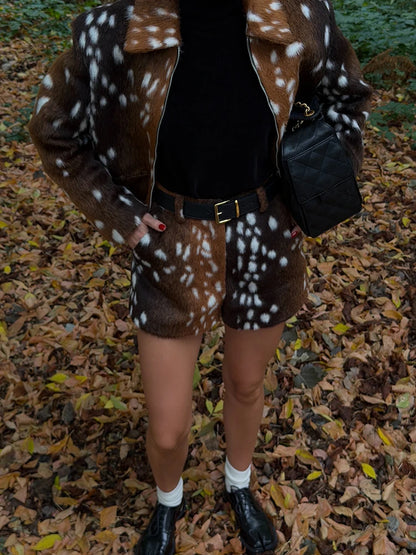 Retro Faux Fur Deer Spotted Skirt Set Lady Lapel Zip High Waist Animal Print Warm Cropped Jacket Set Fall Winter Matching Outfit