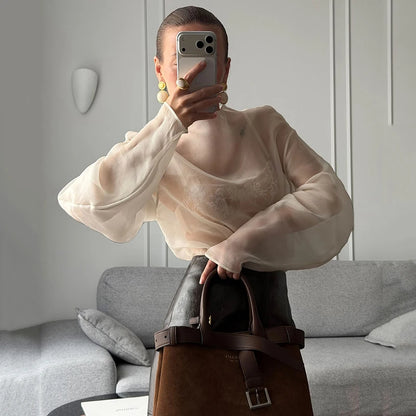 Linad Elegant Brown Mesh O Neck Blouse Women 2025 Sexy Apricot Sheer Shirt Female Autumn Street Chic Loose Long Sleeve Tops New