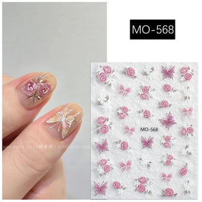 5D Embossed Nail Art Decals Elegant Petals Florals Daisy Flowers Leaves Adhesive Sliders Stickers For Manicure Tips Decoration