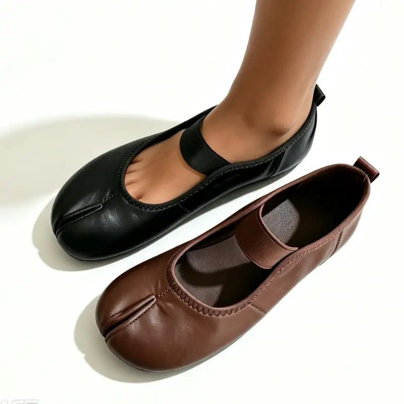 Korean Soft Leather Tabi Shoes Summer 2026 Elegant Ankle Strap Ballet Flats Plus Size Brand Flat Heel Split Toe Shoes for Women