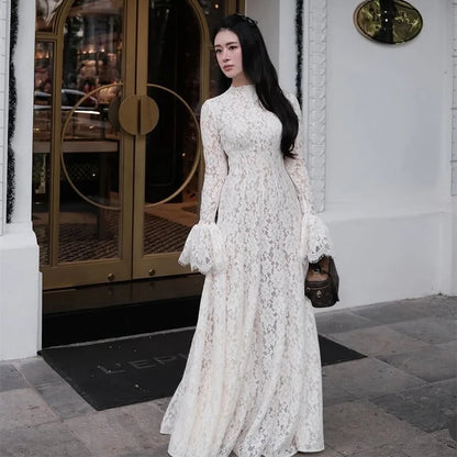 Elegant French Lace Maxi Dress Modest Vintage Trendy Women's Dresses Evening Party Wedding Guest Formal Street Soft Wear