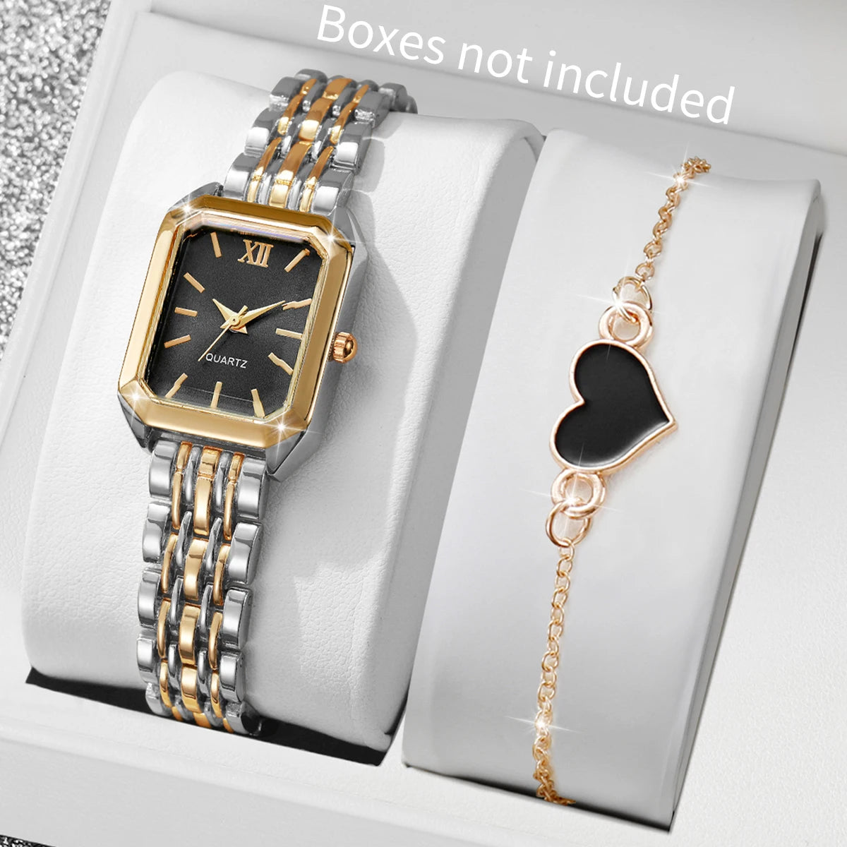 2PCS Fashion Mix Gold Women Quartz Watch Heart Bracelet Set Ladies Rectangle Roma Dial Wristwatch Reloj Mujer (Without Box)