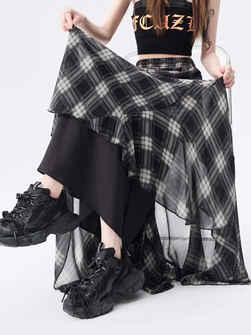 New Arrival Asymmetrical Plaid Chiffon Long Skirt For Women Summer Casual Loose Big Swing Beach Midi Skirts Lady