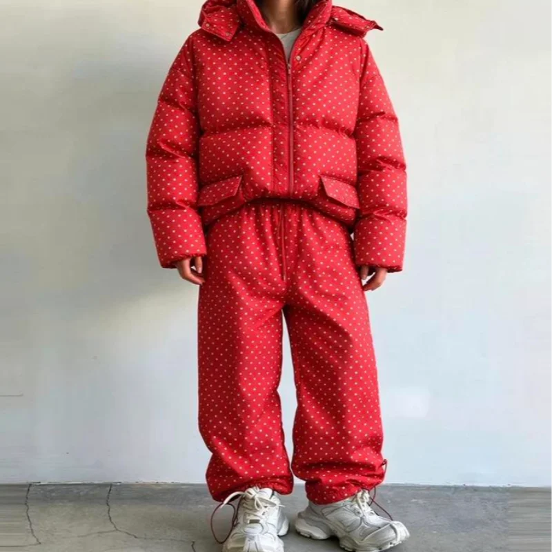 Fashion Women's Stripe Cotton Padded Coat Pant Set Loose Full Sleeve Hooded Zipper Jacket Elastic Waist Pants 2026 Winter Suits