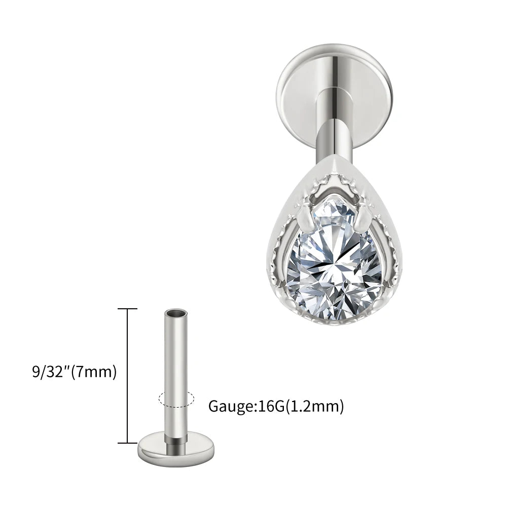 Right Grand ASTM F136 Titanium Teardrop CZ Cartilage Earring Threaded Labret Stud 16G Tiny Pear CZ Helix Conch Earlobe Piercing