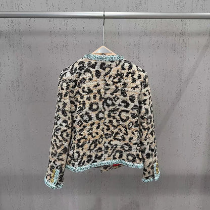 KUCLUT 2026 Autumn Winter Leopard Print Tweed Short Coat For Women Gold Buttons Contrast Color Versatile Elegant Jacket 1A4837