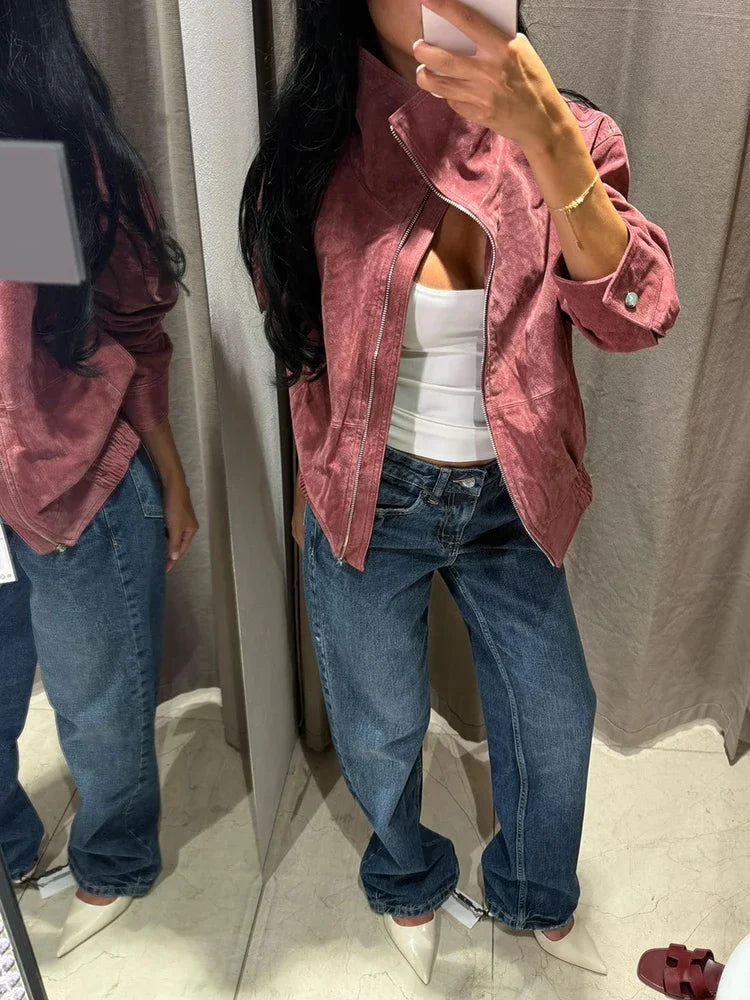 Women Dusty Faux Suede Bomber Jacket Stand Collar Zip Up Loose Drop Shoulder Elastic Hem Casual Fall Outerwear 2026 Fashion Coat