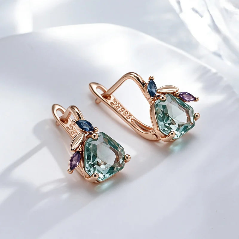 Wbmqda Light Green Stone Flower Shape Earrings For Women 585 Rose Gold Color Fashion Holiday Jewelry Accessories