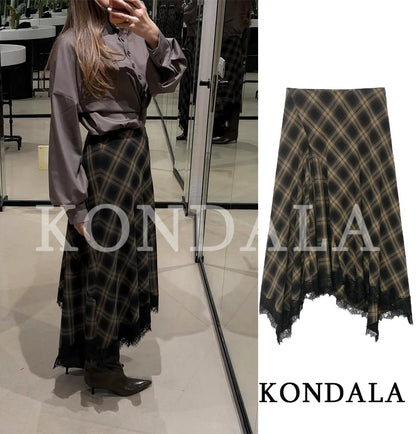 KONDALA Vintage Chic Lady Midi Skirt Plaid Lace Long Skirt Women New 2026 Spring Summer Elegant Commute Dinner Party Lady Skirt