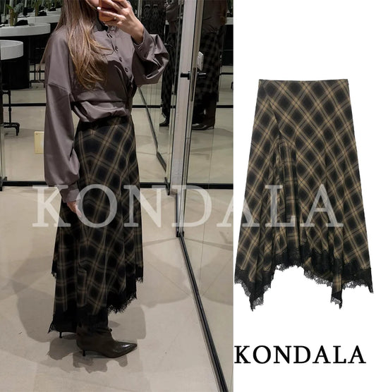 Women's Lace-Trim Asymmetric Plaid Skirt