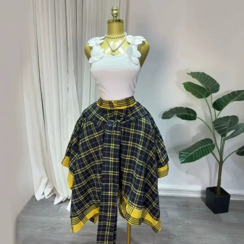 2026 Summer Women Plaid Midi Skirt High Waist Elastic Waist Tie Wrap Irregular Asymmetrical A-line Skirt Vintage Tartan Skirt