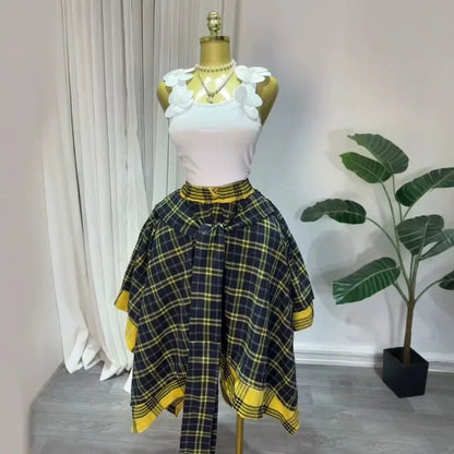 2026 Summer Women Plaid Midi Skirt High Waist Elastic Waist Tie Wrap Irregular Asymmetrical A-line Skirt Vintage Tartan Skirt