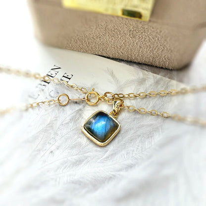 ITSMOS Natural Labradorite Square Pendant Necklace Simple Cube Stone 14k Gold Plated Chain Elegant Jewelry for Women Romatic