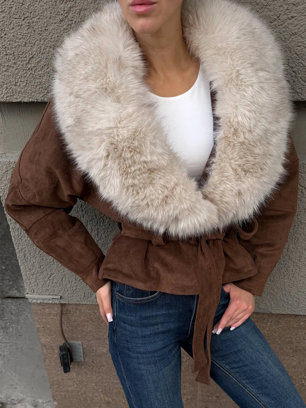 Retro Faux Fur Patchwork Woolen Maxi Coat Women Solid Full Sleeves V-neck Lace Up Loose Coats Lady Winter Commute Outwear New