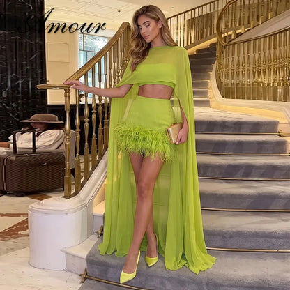 Amour Customized Green 2 Piece Set Chiffon Cape Top Feather Mini Skirt Two Piece Outfit For Party Club Night Prom Evening Gown