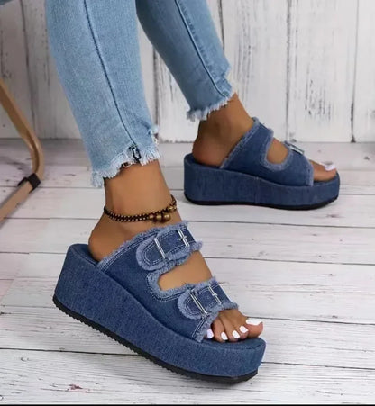 Cowboy Wedges Slippers Shoes Women High Heels Platform Sandals Buckle Flip Flops 2026 Summer Fashion Pumps Zapatos Mujer Slides