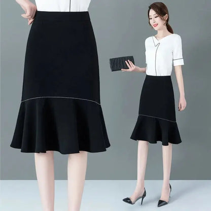 Simplicity Temperament Slim High Waist A-Line Skirt Summer Solid All-match Pleated Elegant Skirt Fashion Office Women Clothing