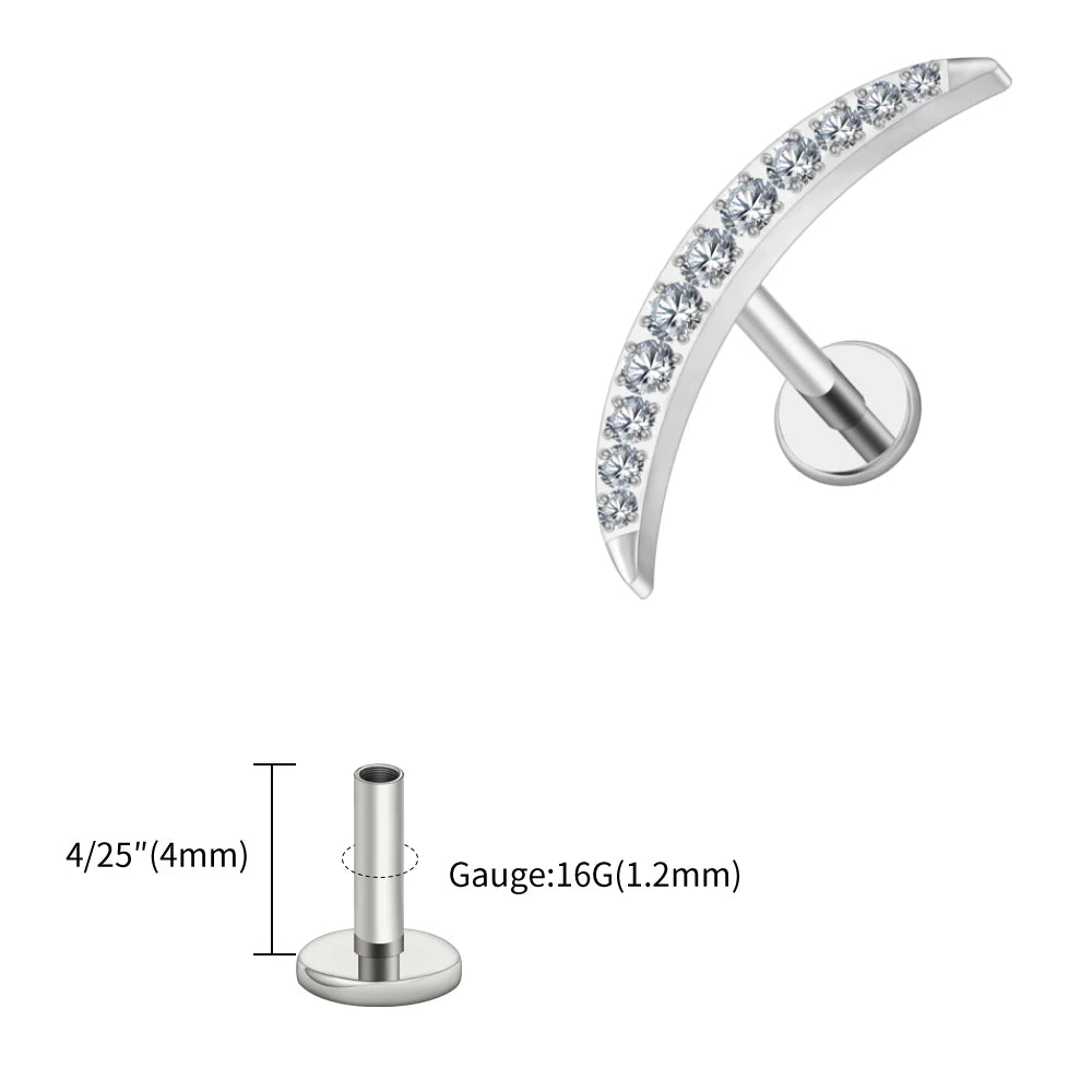 Right Grand ASTM F136 Titanium Long Crescent Moon Labret with CZ 16G Screw Back Climber Earring Helix Cartilage Tragus Piercing